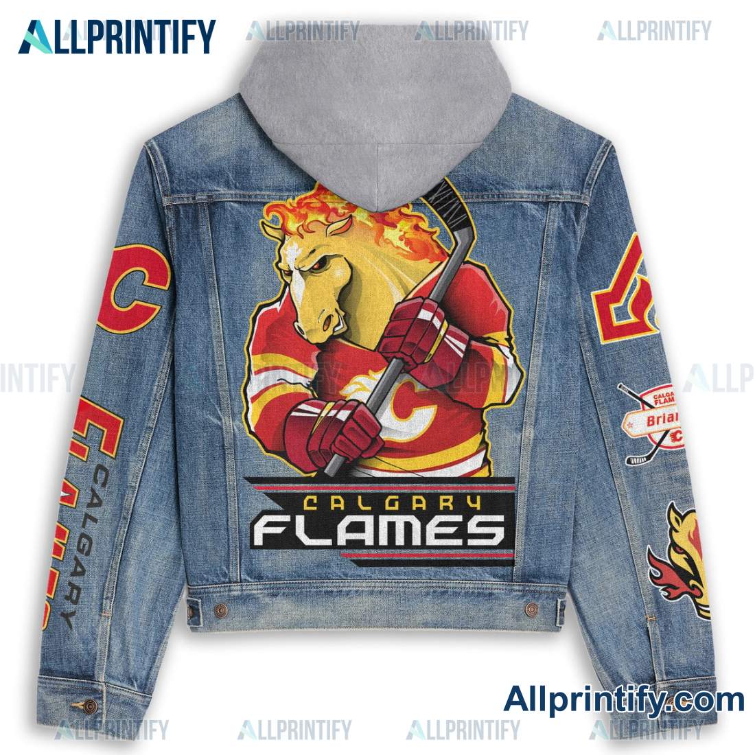 Calgary Flames Hockey Mascot Denim Jacket Hoodie b
