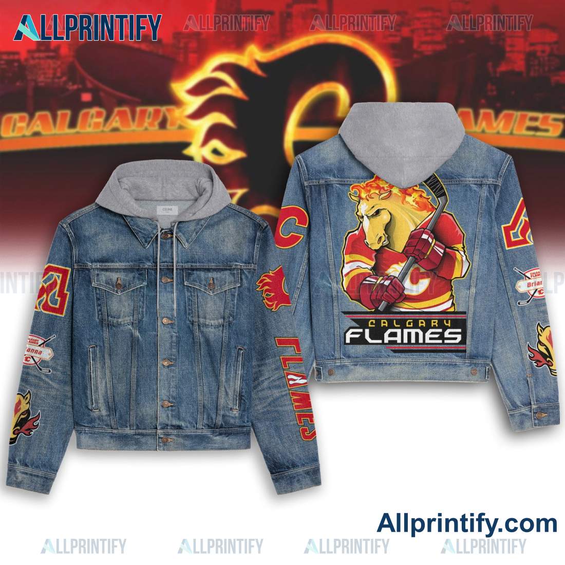 Calgary Flames Hockey Mascot Denim Jacket Hoodie