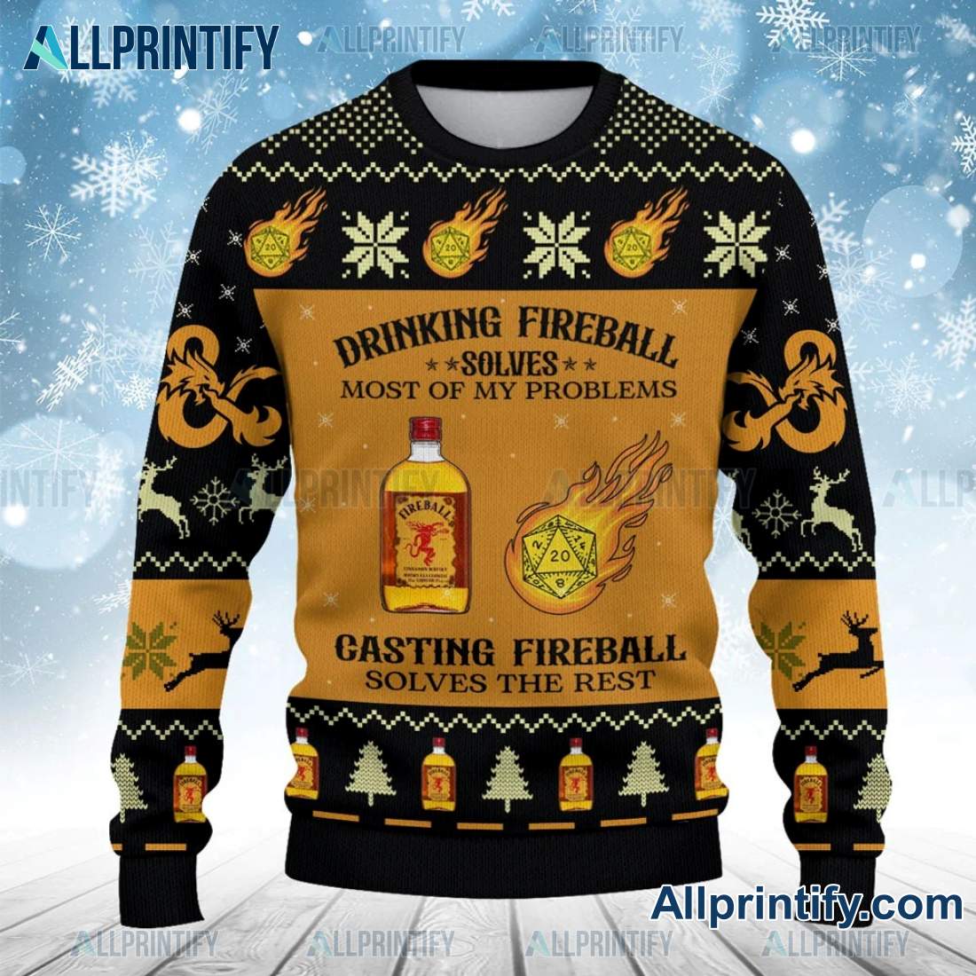 Drinking Fireball Solves Most Of My Problems Dungeons & Dragons DnD Ugly Christmas Sweater