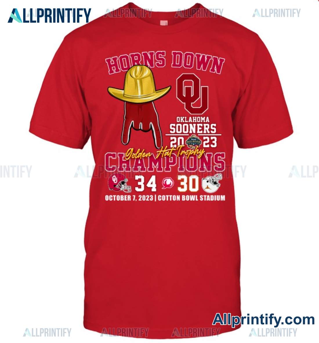 Horns Down Oklahoma Sooners 2023 Champions Golden Hat Trophy Shirt a