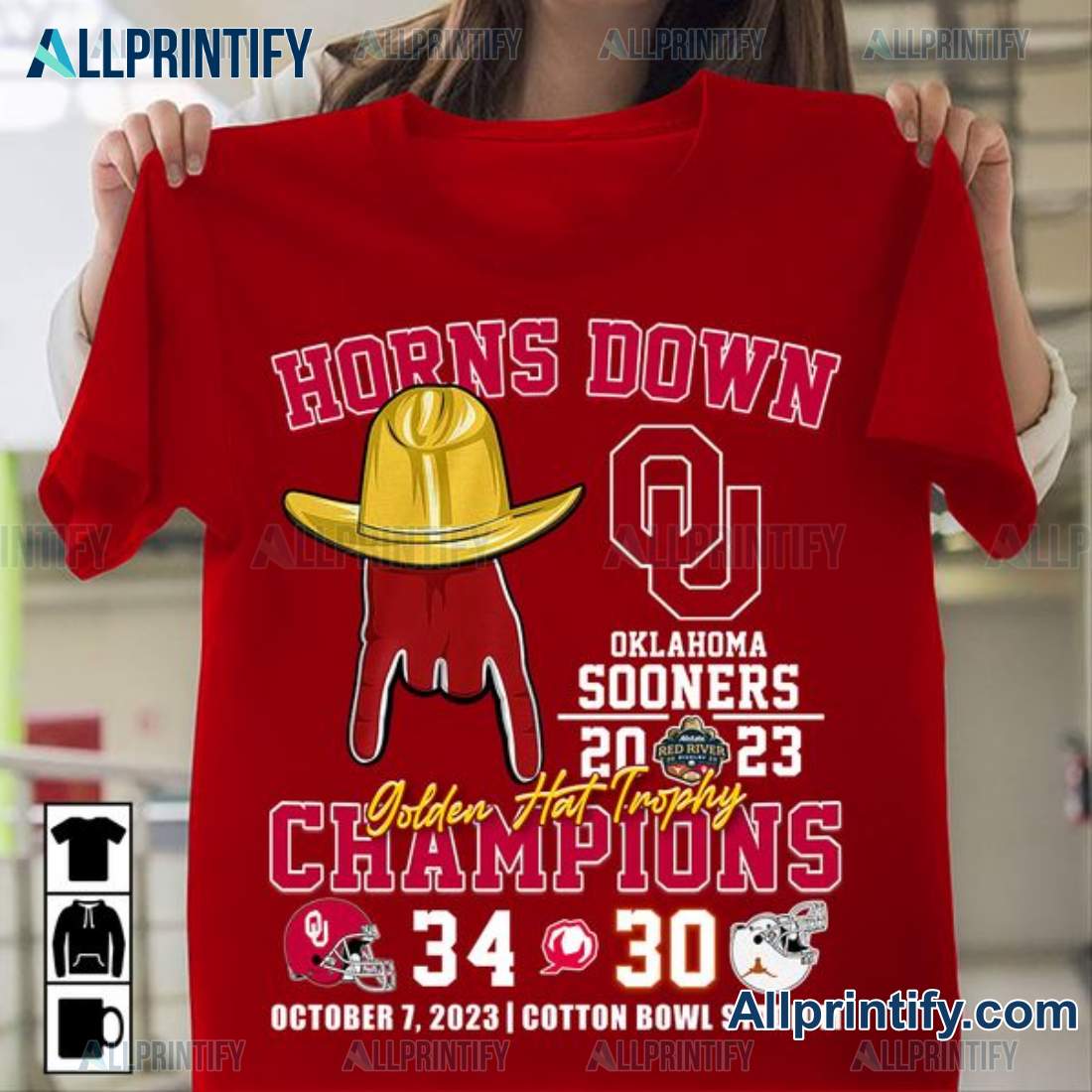 Horns Down Oklahoma Sooners 2023 Champions Golden Hat Trophy Shirt