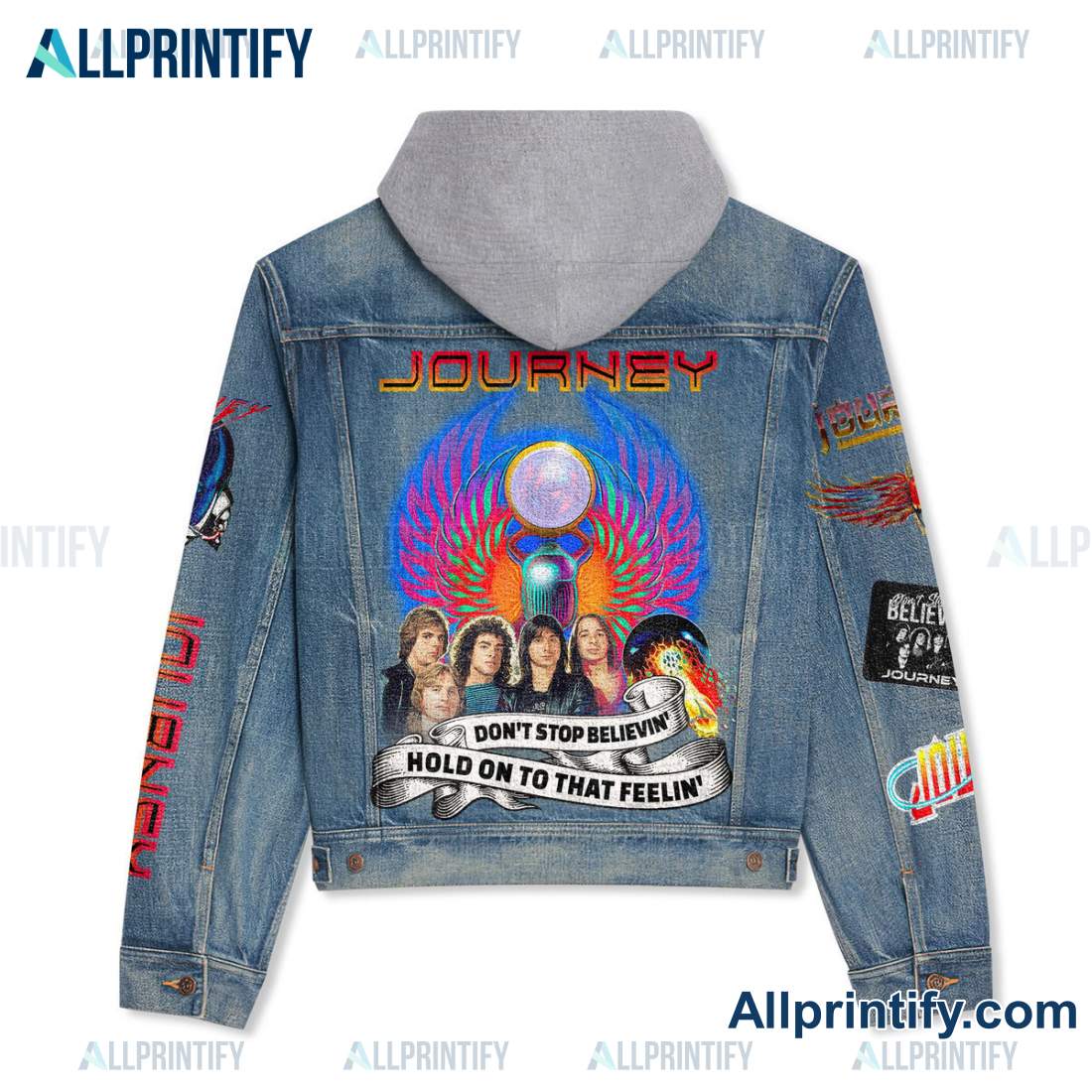 Journey Don't Stop Believin' Hold On To That Feelin' Jean Jacket Hoodie b