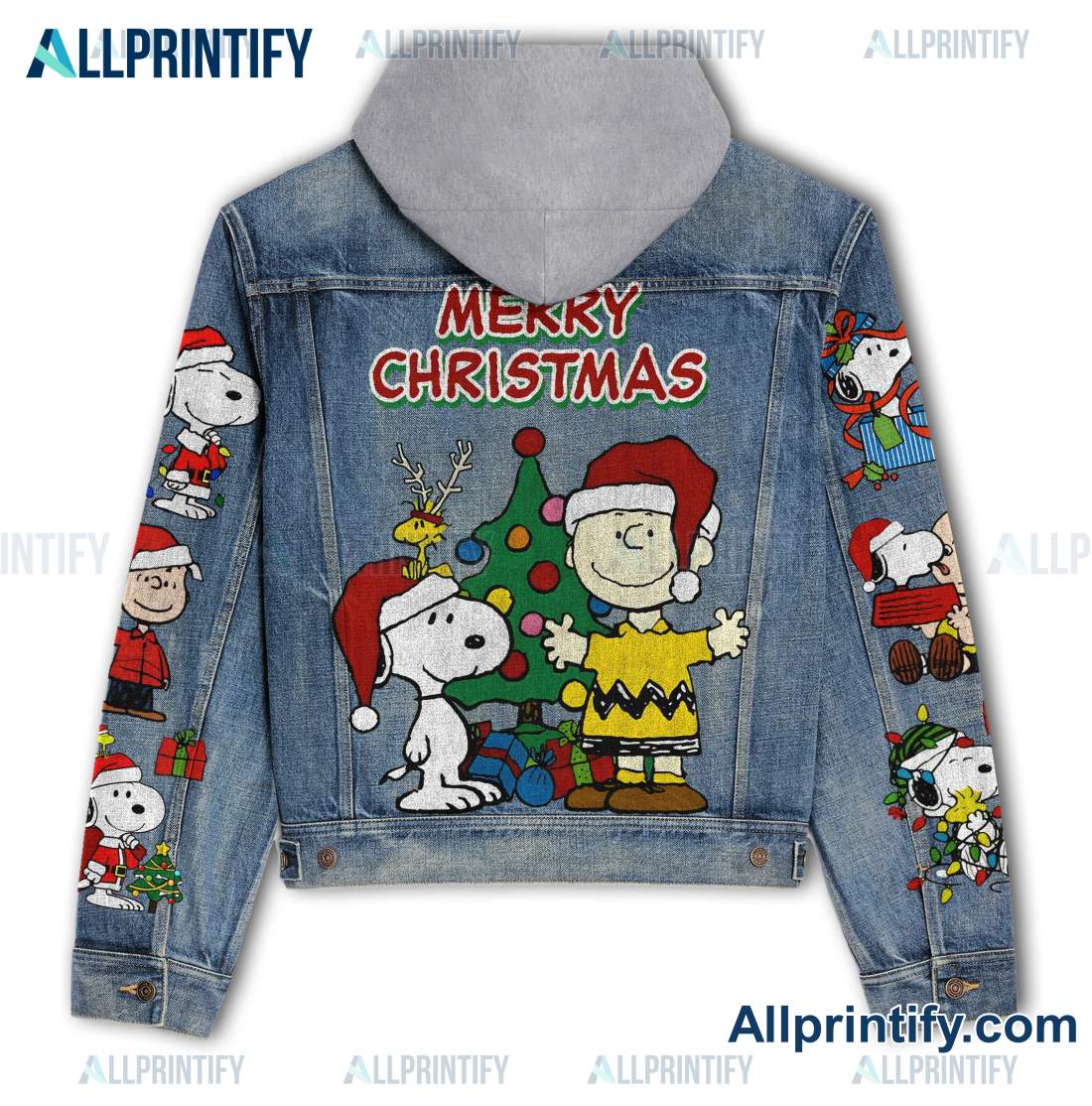 Snoopy And Charlie Brown Merry Christmas Hooded Jean Jacket a