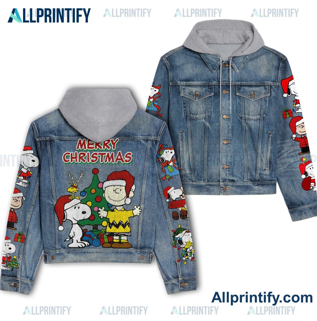 Snoopy And Charlie Brown Merry Christmas Hooded Jean Jacket
