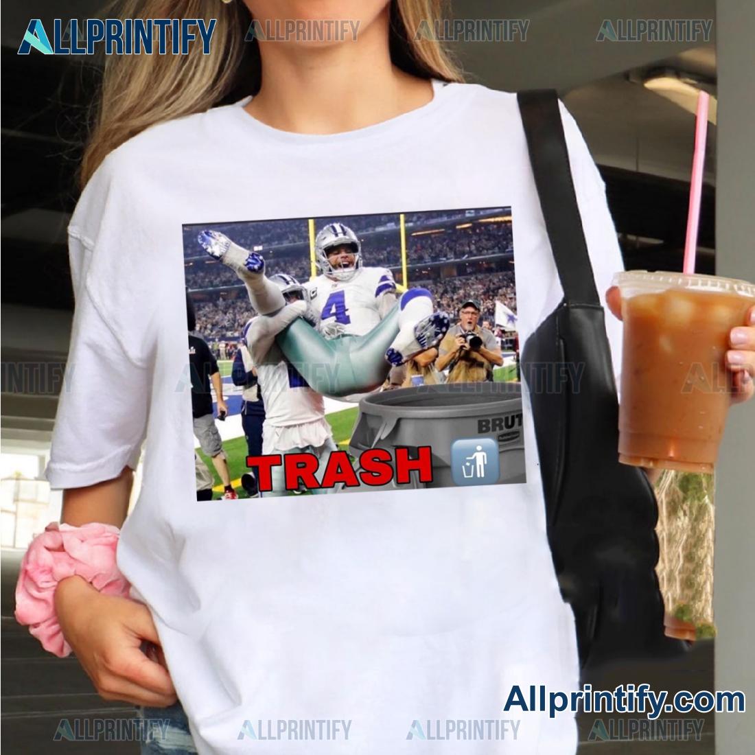 Nfl Dallas Cowboys Ezekiel Elliott (21) Throws Quarterback Dak Prescott (4) Into The Salvation Army Kettle Trash Funny Shirt-a nUgSQBD