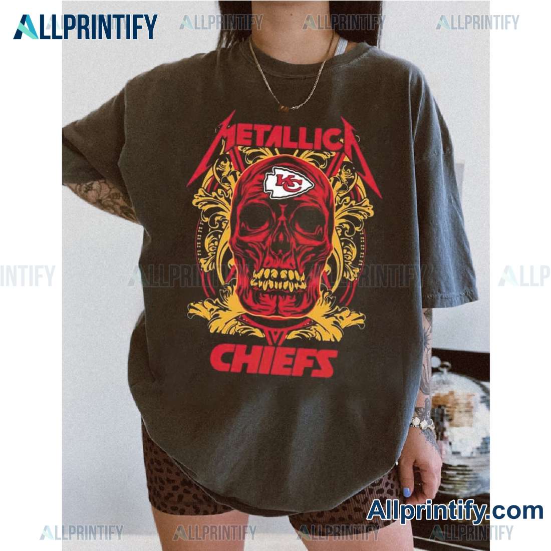 Skull Metallica Kansas City Chiefs NFL Printed Classic Ladies Tee-a xZamfIl