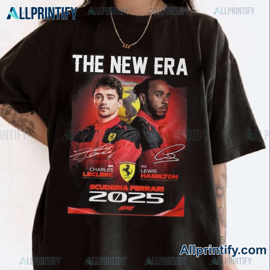 The New Era Ferrari F1 Team Charles Leclerc Lewis Hamilton 2025 Unisex T-shirt-a aldtJYx