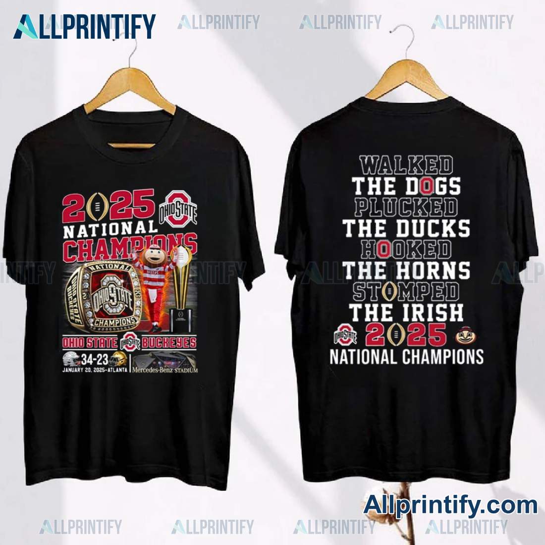 Ohio State Walked The Dogs Plucked The Ducks Hooked The Horns Stomped The Irish 2025 T-shirt 3nH7NVU